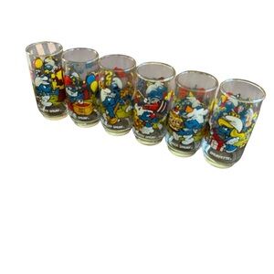 1983 Vintage Six Pc Set Of  Payo Smurf Glass Collection